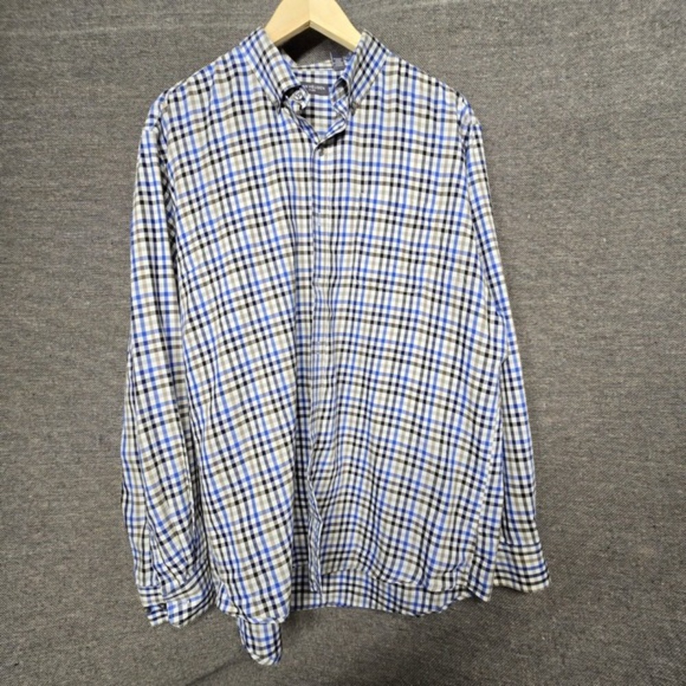 Van Heusen Flex Mens Blue Black Plaid Long Sleeve Button Down Shirt 16-16.5 L